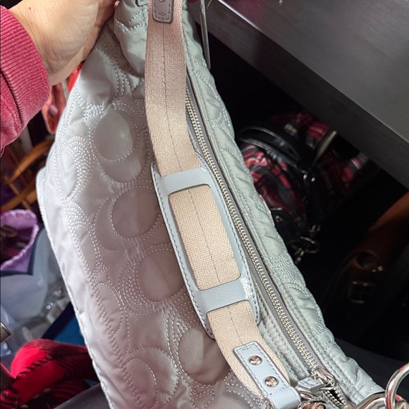 Coach Light Grey Silver Quilted Nylon Signature Hobo Bag - Picture 10 of 14